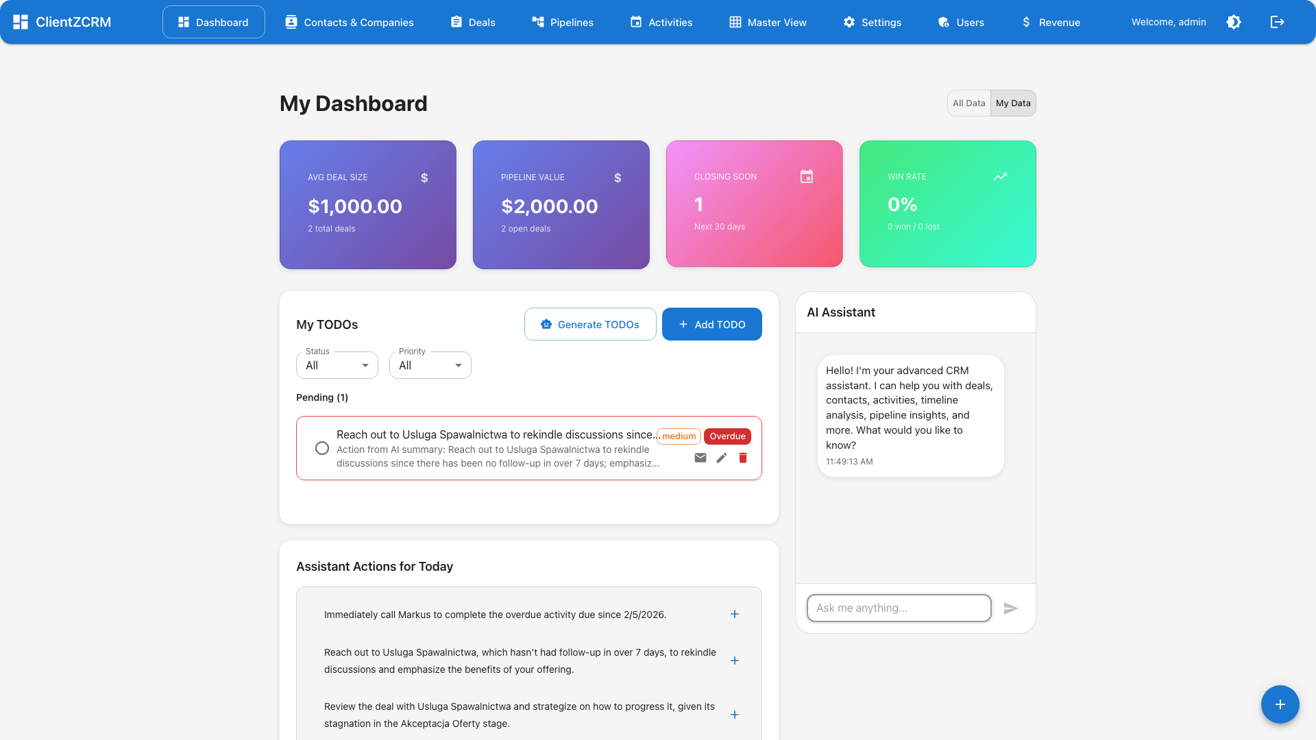 ClientZCRM AI Assistant chat interface providing real-time deal insights and next-step suggestions