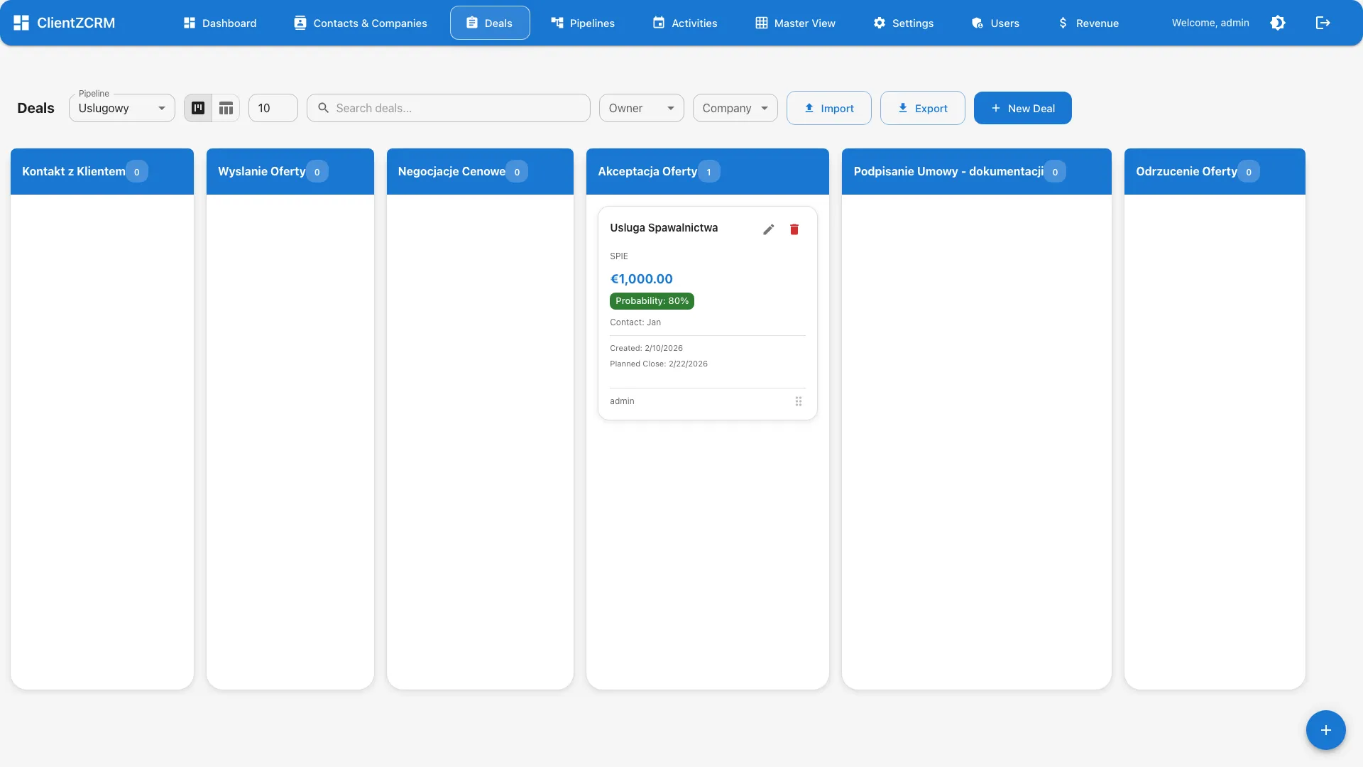 ClientZCRM living kanban board with drag-and-drop deal cards and AI-triggered suggestions