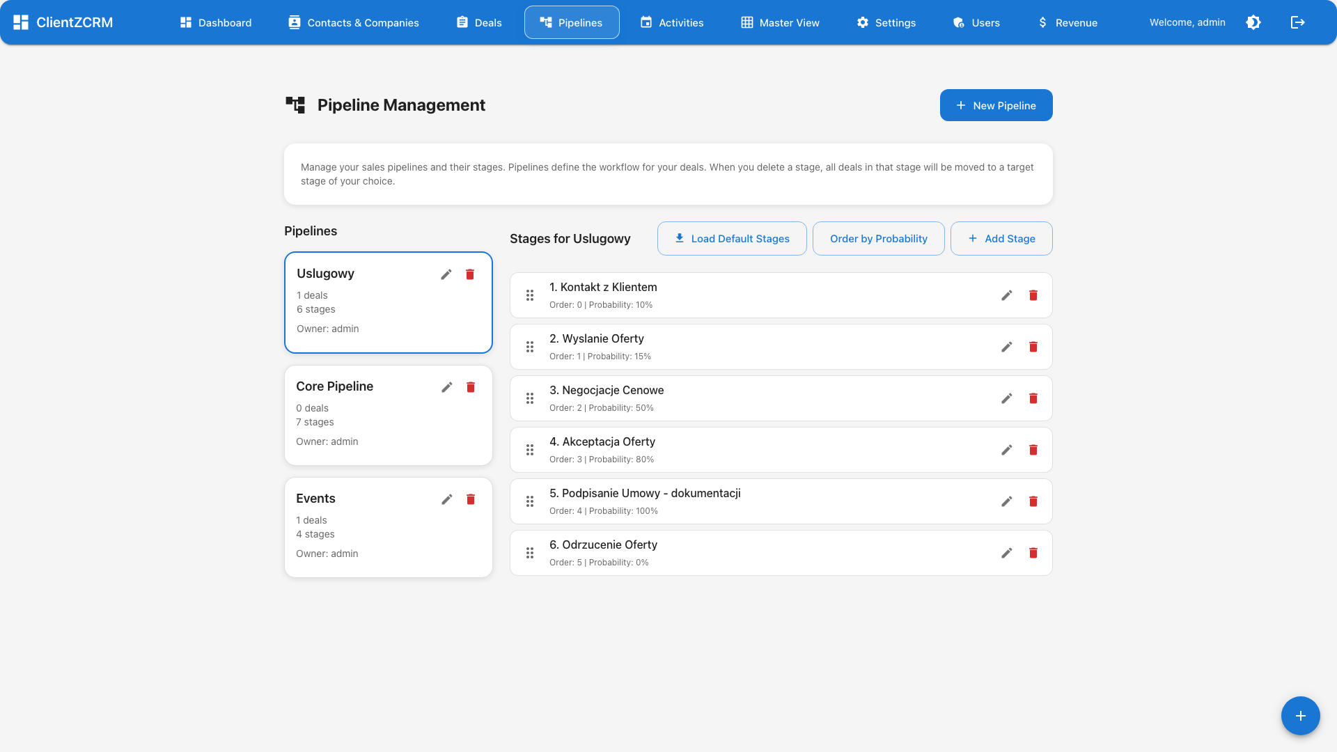 ClientZCRM pipeline configuration showing customizable stages and multi-pipeline templates